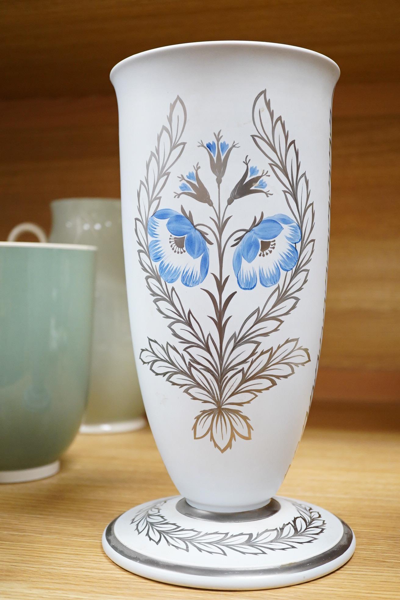 Keith Murray for Wedgwood, a floral vase decorated by Millicent Taplin, stamped to the base, 30cm high